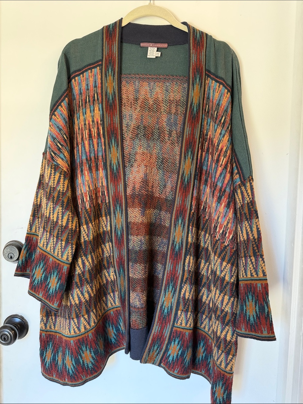 Peruvian Connection open front patterned cardigan wool silk alpaca Aztec fall
